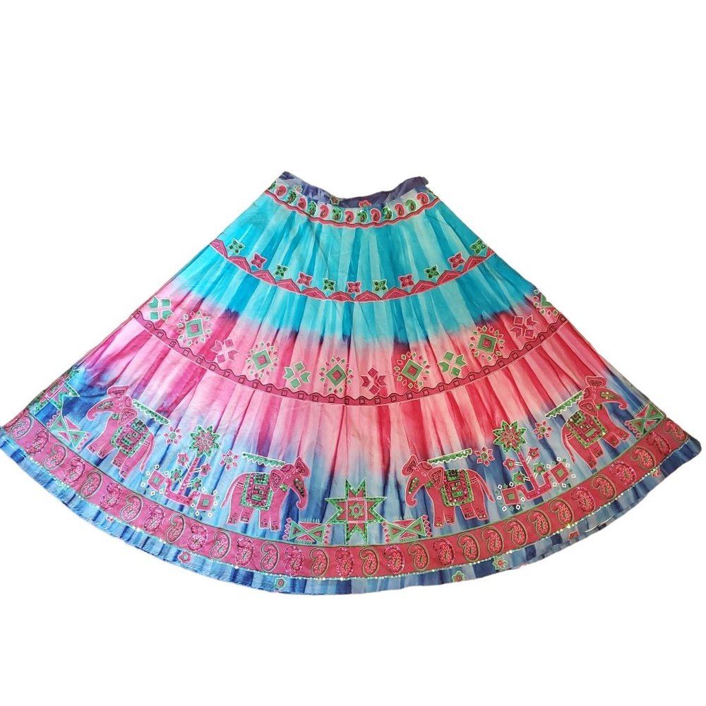 Chaudry Sports S Sequined Maxi Full‎ Skirt Summer Beach Elephants Tie Dye Boho